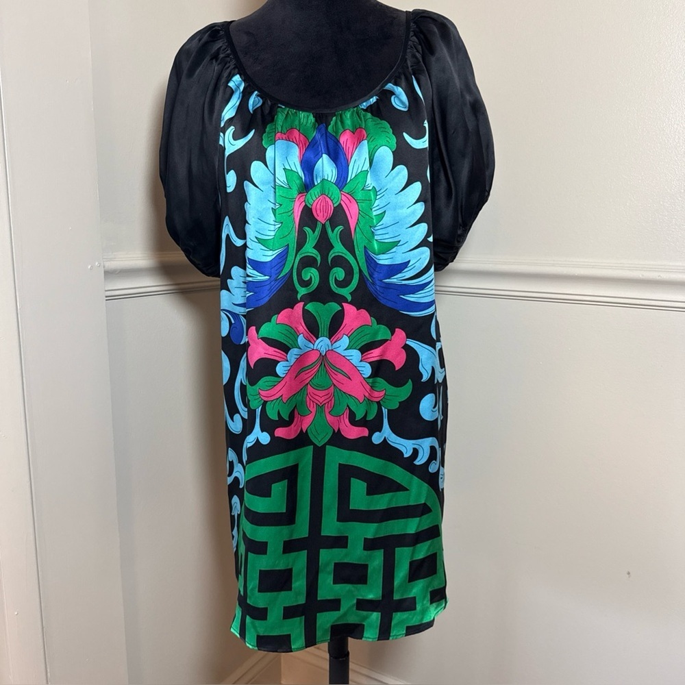 JOY HAAN 100% Silk Shift Puff Sleeve Dress Geometric Women's Small VOOM